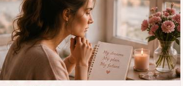 Woman writing in journal with candle and pink flowers