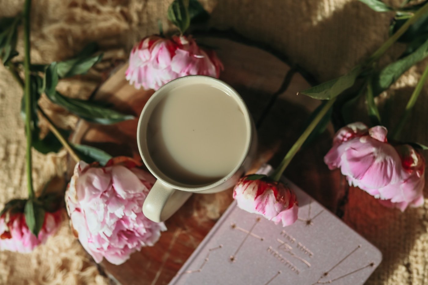 A cozy latte beside an open journal that reads 'find your direction'