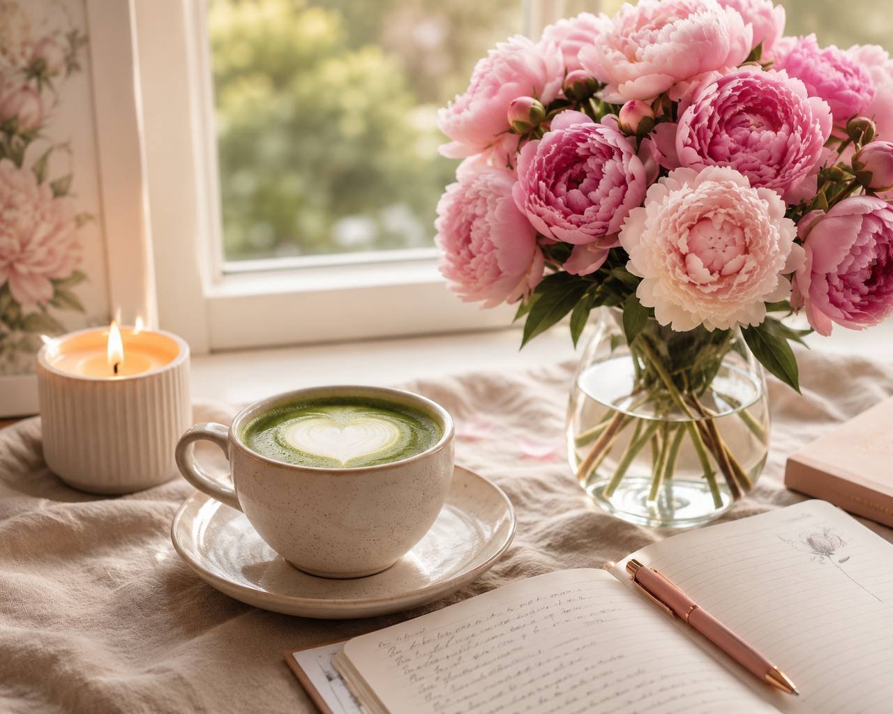 A matcha latte, pink peonies, and an open journal on a table