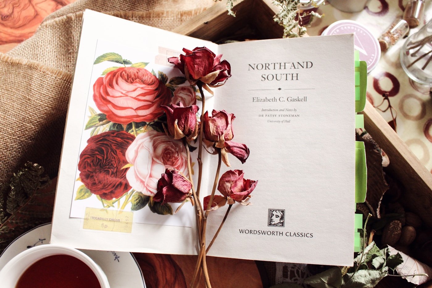 Dried roses resting on an open literary classic&mdash;an image of the beautiful stories we outgrow