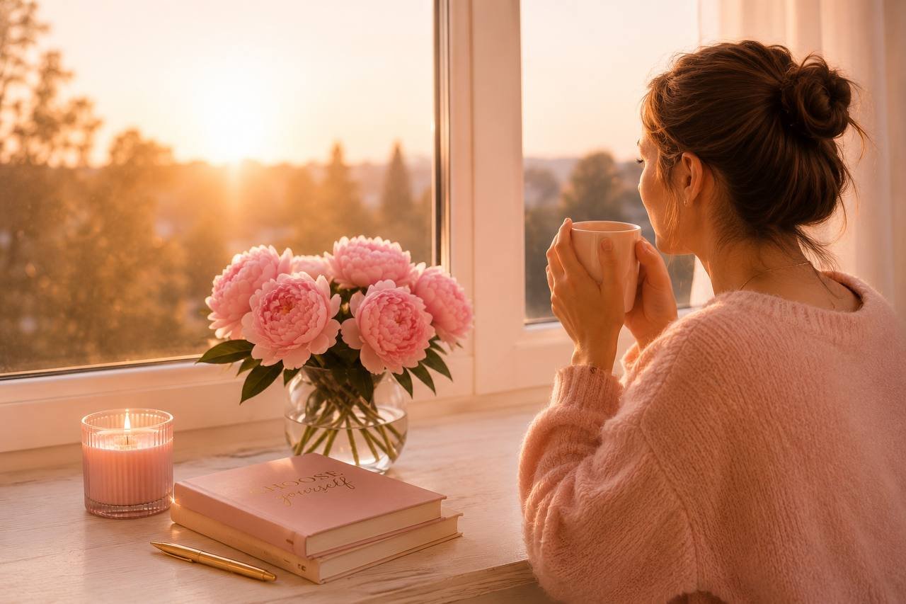 Woman holding a mug by the window at sunrise with peonies
