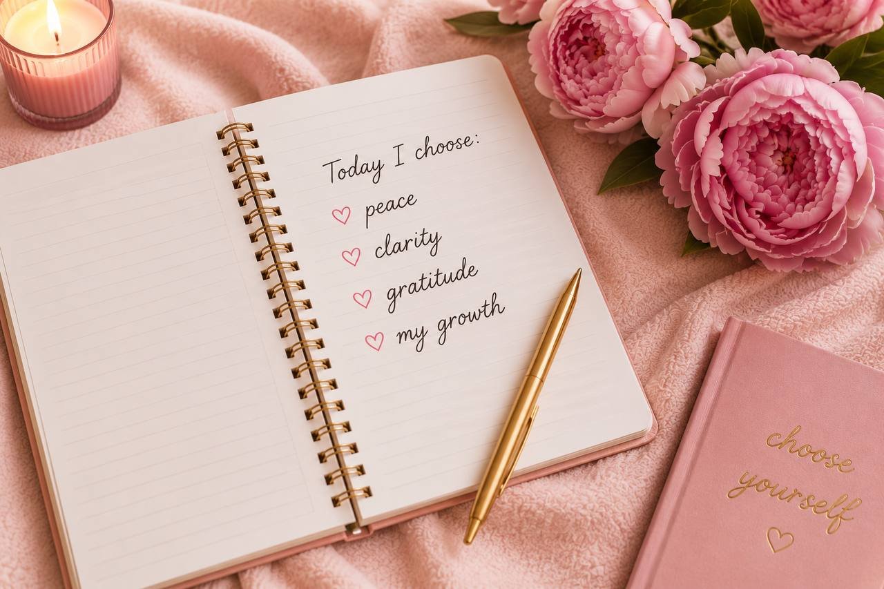 Open journal reading 'Today I choose: peace, clarity, gratitude, my growth'
