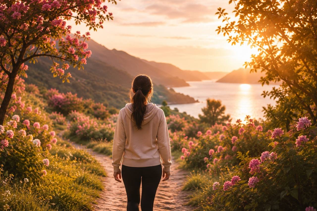 Woman walking a flowered path toward a sunset over the water