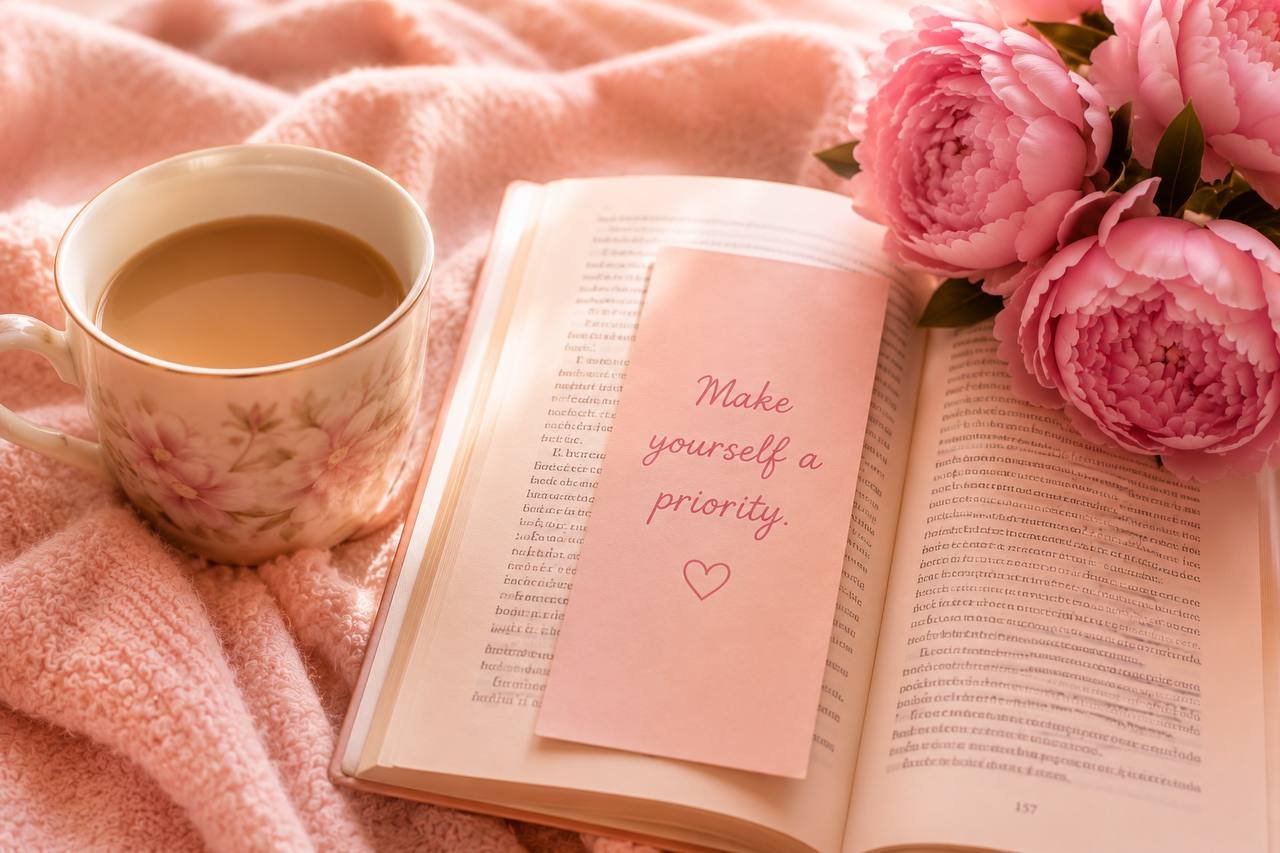 A cup of coffee and an open book with a note reading 'Make yourself a priority'
