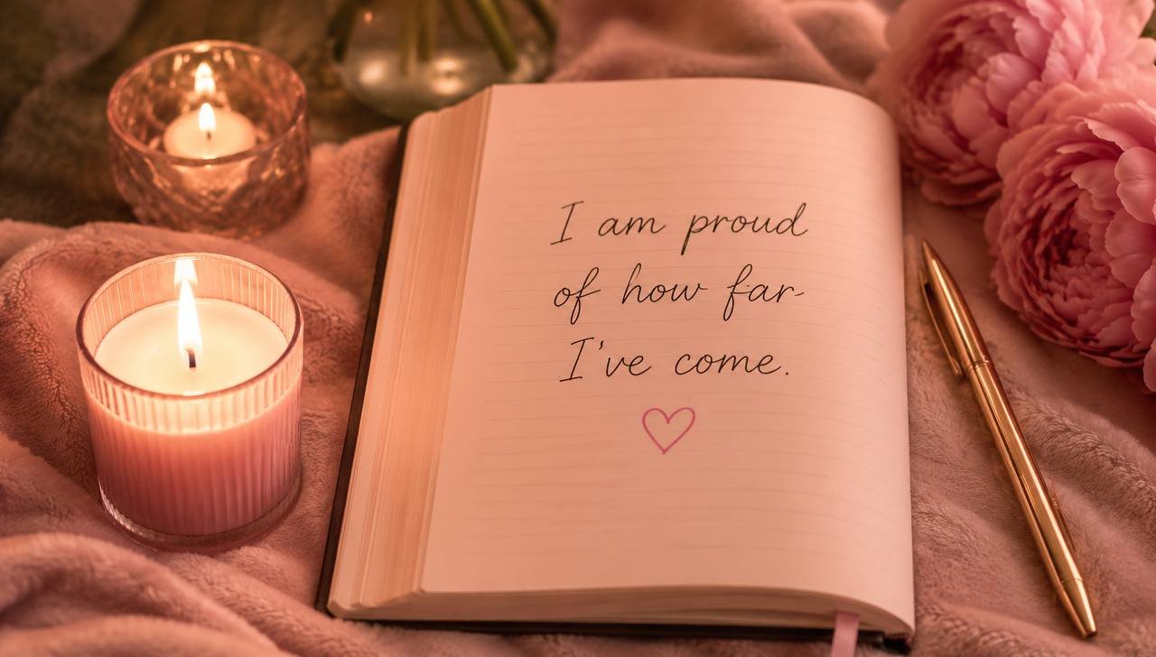 Candles beside an open journal reading 'I am proud of how far I've come'