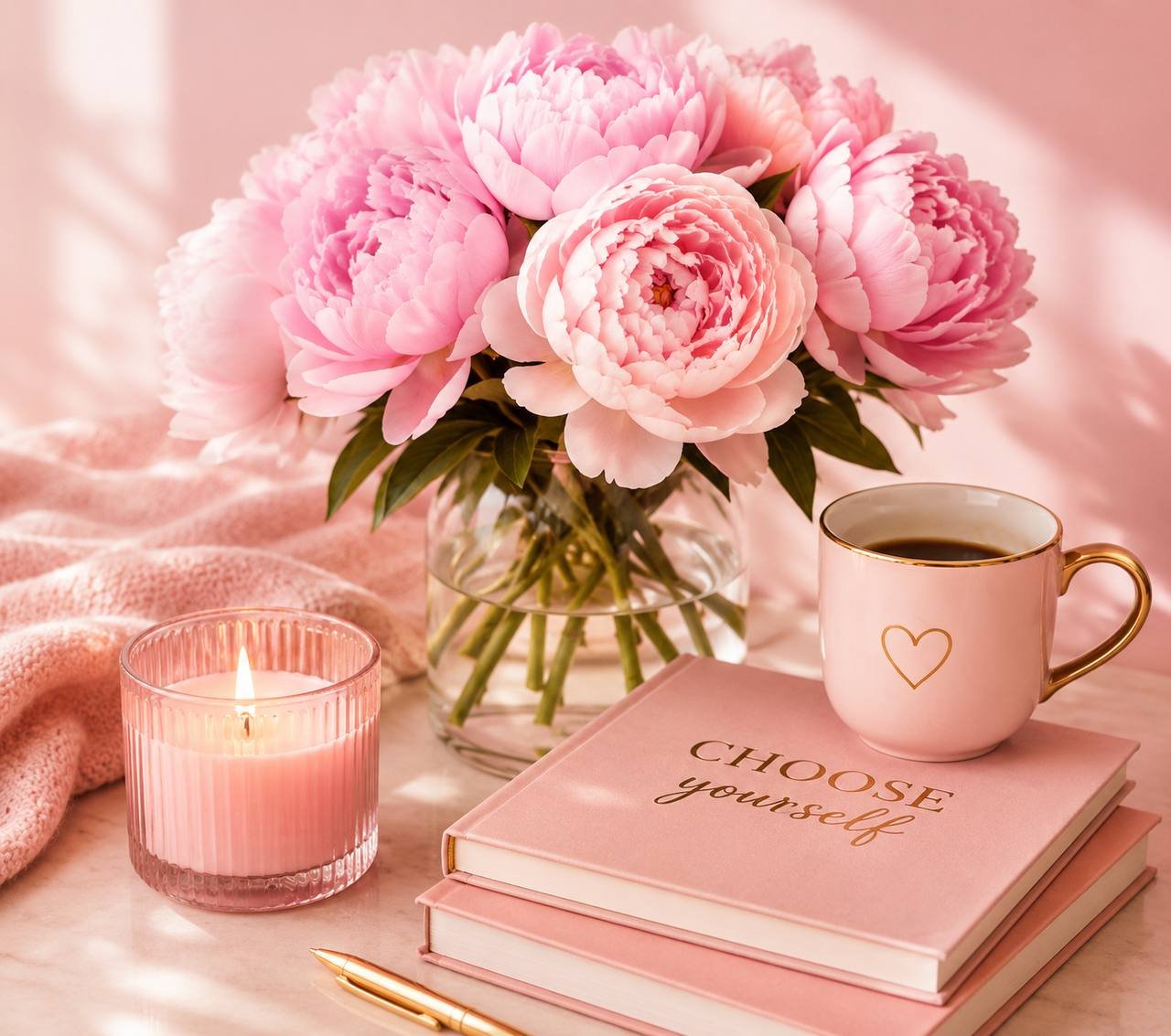 Pink peonies, a candle, a heart mug, and a 'choose yourself' book