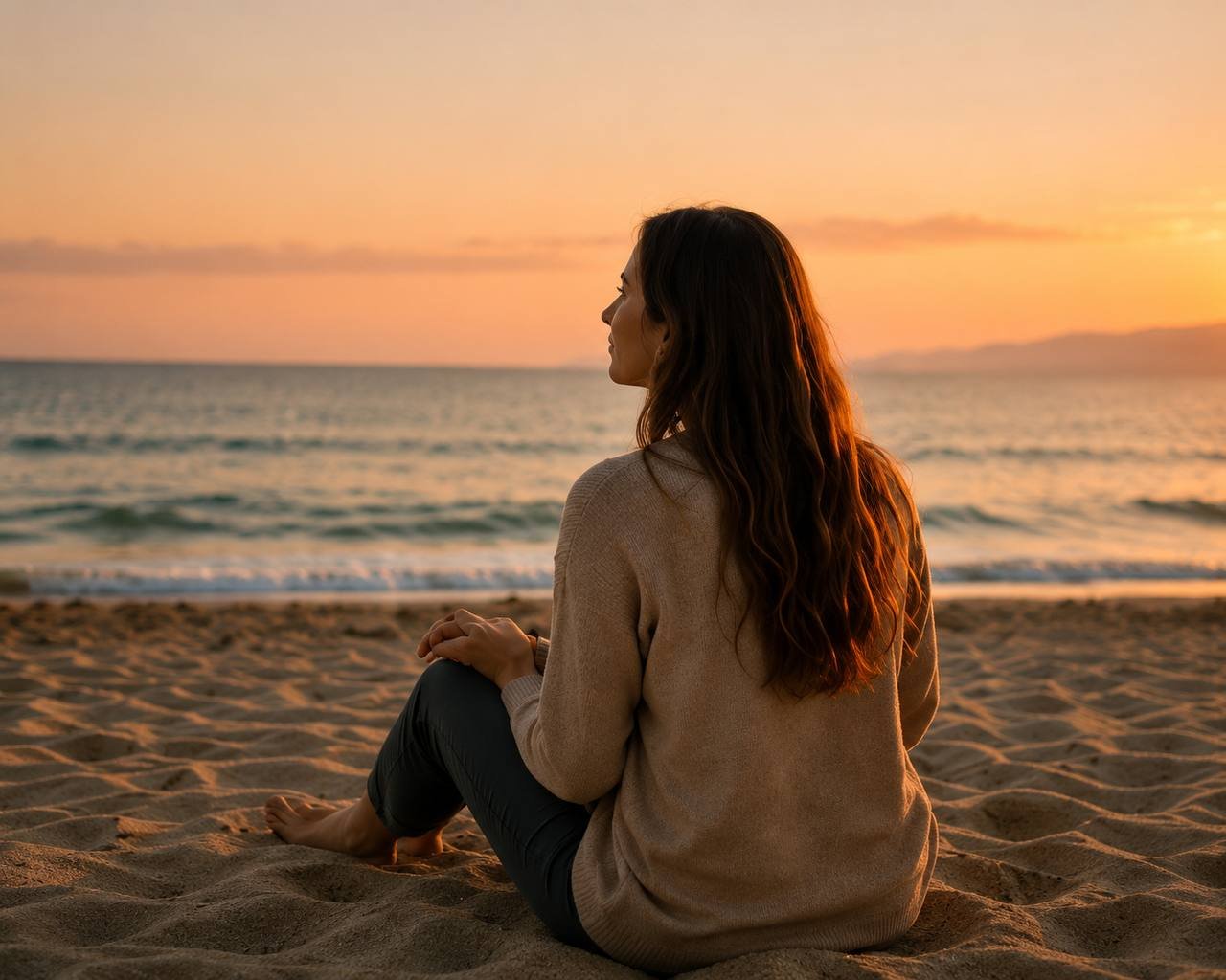 Woman sitting on the sand at sunset, looking out at the ocean