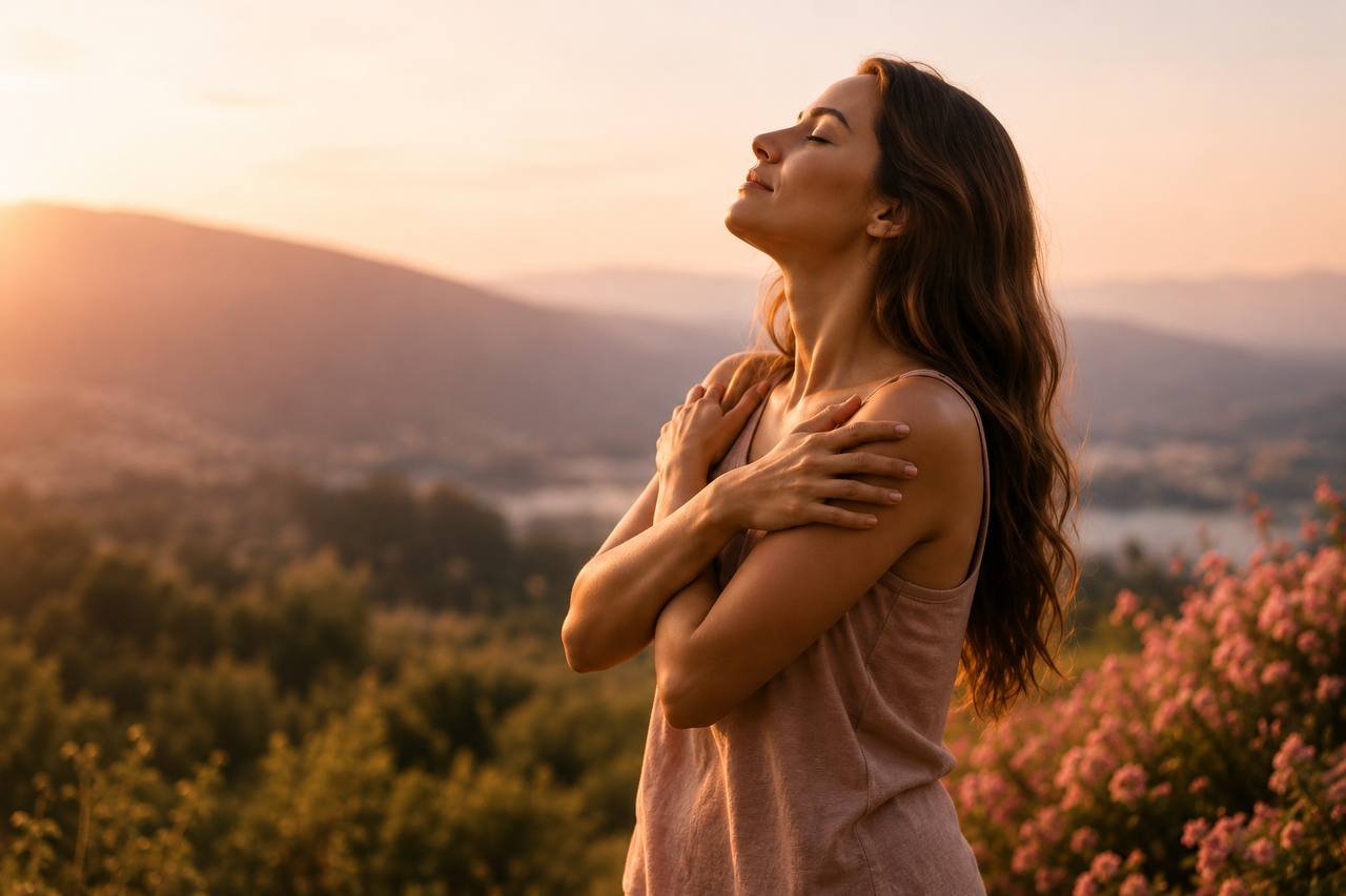 Woman embracing herself at golden hour with mountains and flowers behind her