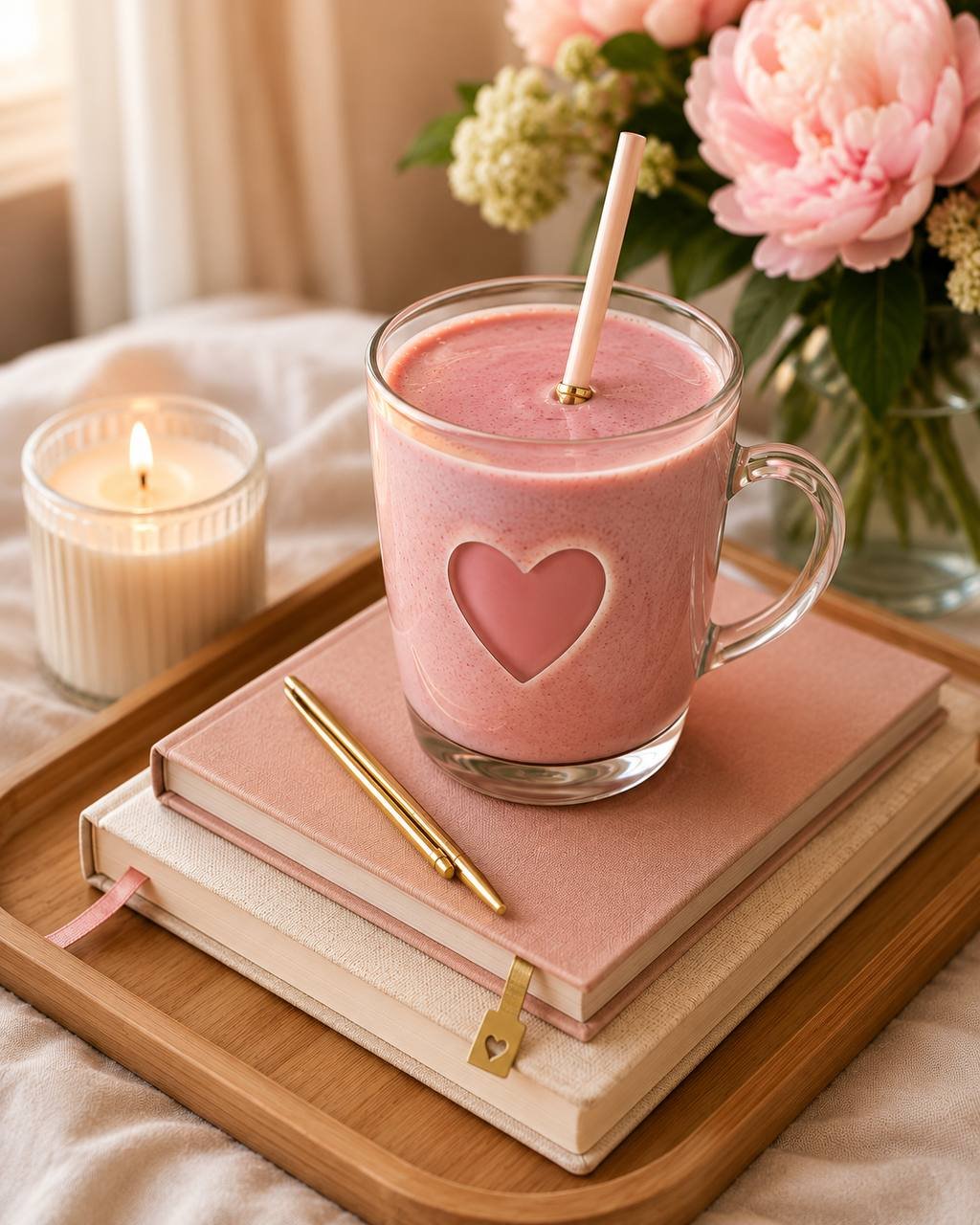 A pink heart mug on a tray with journals, a gold pen, a candle, and peonies