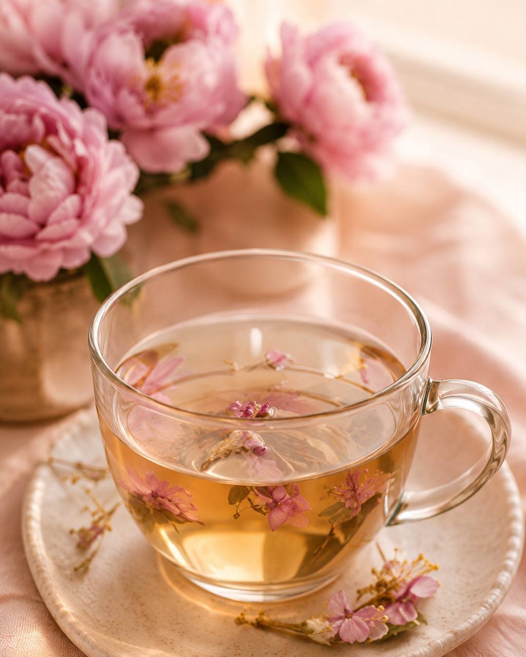 A glass cup of floral tea with pink blossoms and peonies
