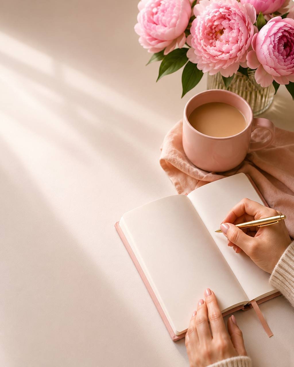 A woman writing in an open journal beside a pink mug of coffee and peonies