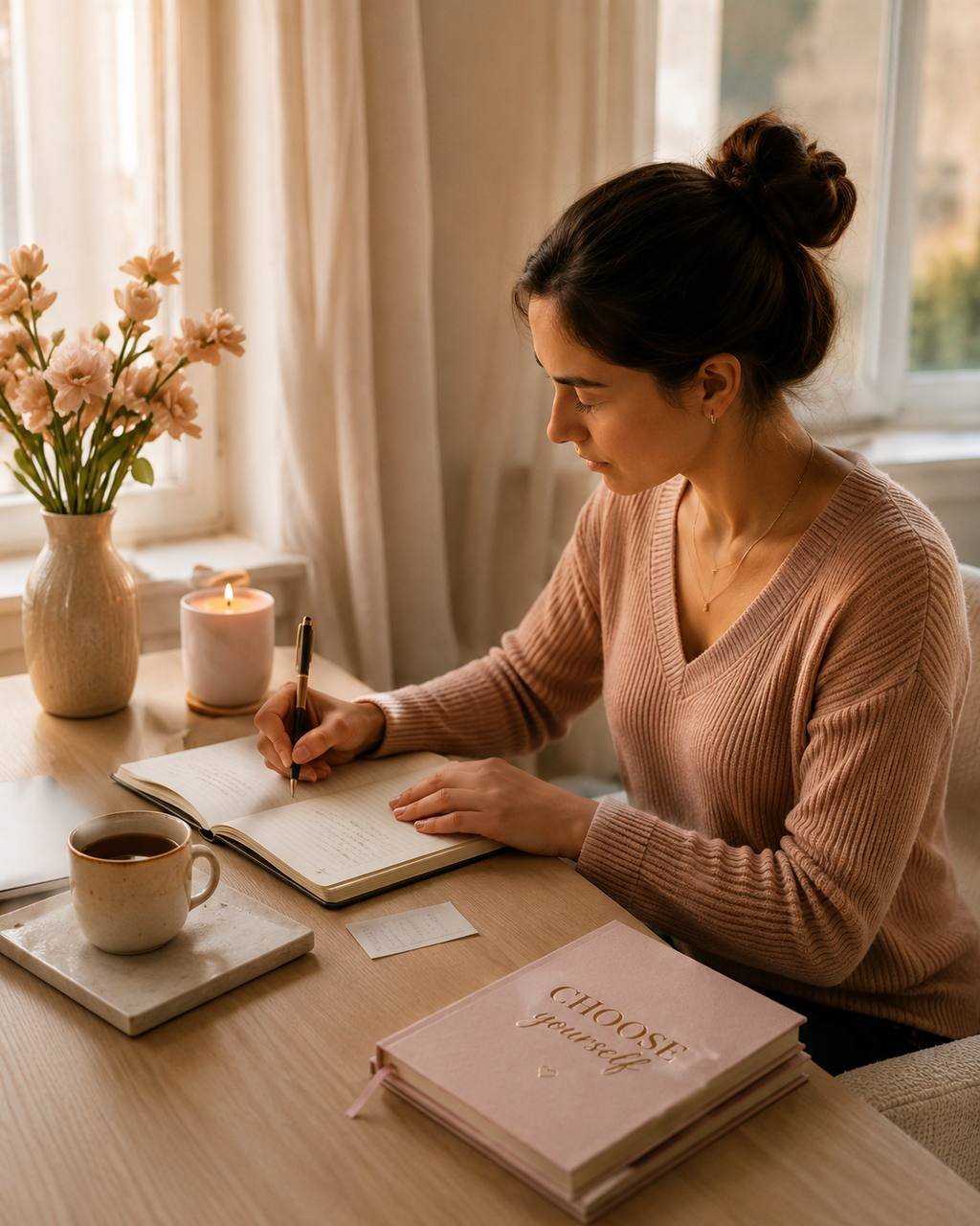 Woman journaling at a desk by the window beside a 'Choose Yourself' book