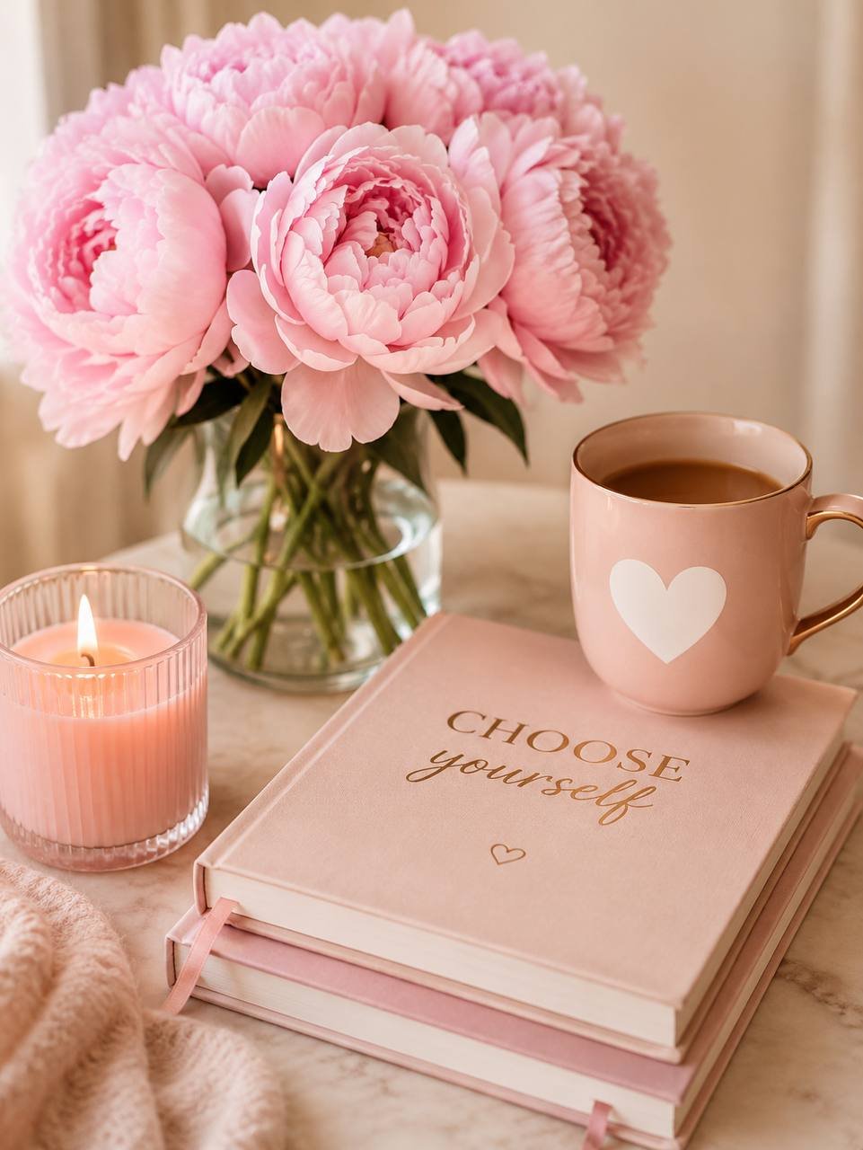A 'Choose Yourself' journal with pink peonies, a candle, and a heart mug