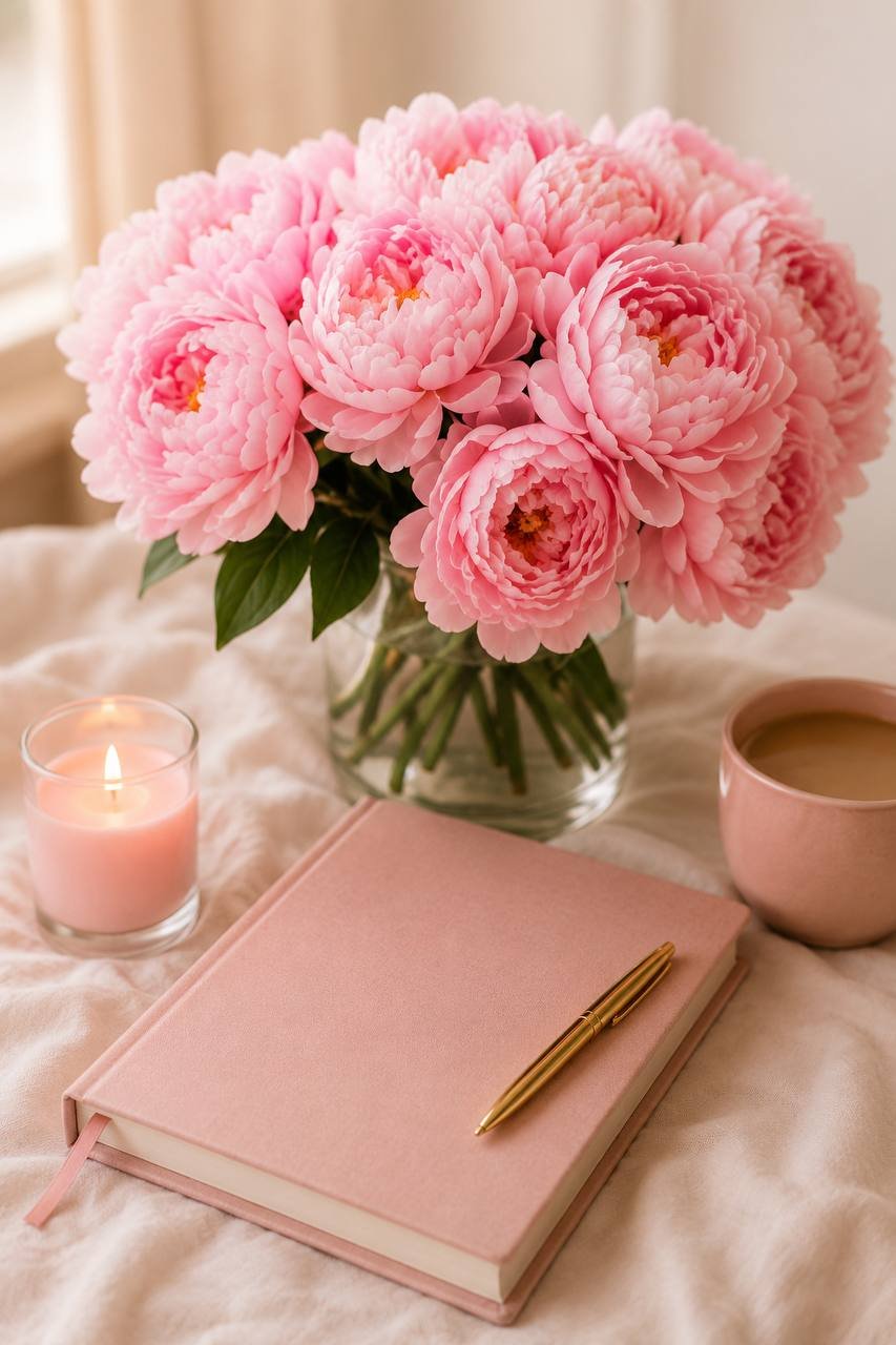 Pink peonies in a vase beside a candle, a pink journal, and a cup of coffee