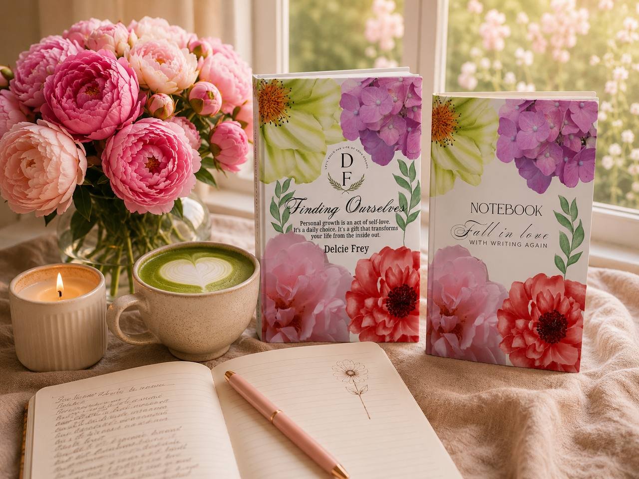 The Finding Ourselves book and journal beside pink peonies and a candle by the window