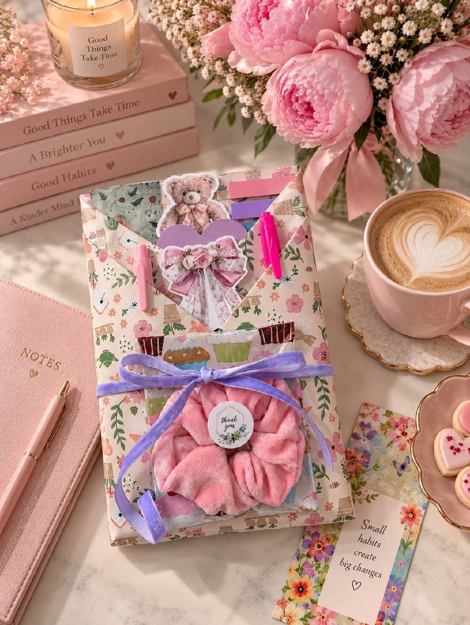 The hand-wrapped Finding Ourselves Collection gift with a pink scrunchie, bow and accessories