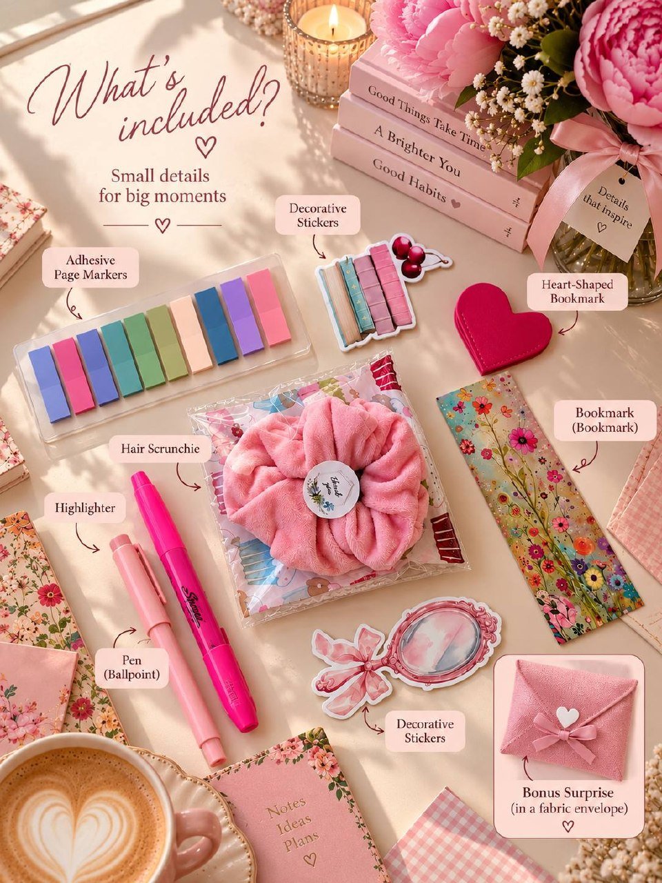 What's included in the Finding Ourselves Collection — page markers, stickers, bookmarks, highlighter, pen, scrunchie and a bonus surprise