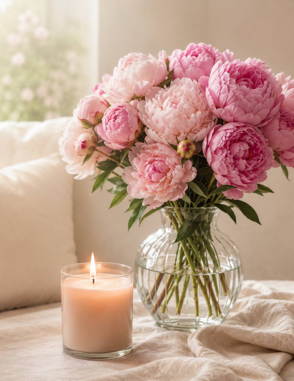 Pink peonies in a glass vase beside a lit candle
