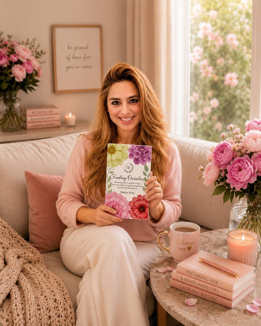 Delcie Frey sitting on a couch holding the Finding Ourselves book, with peonies and a candle