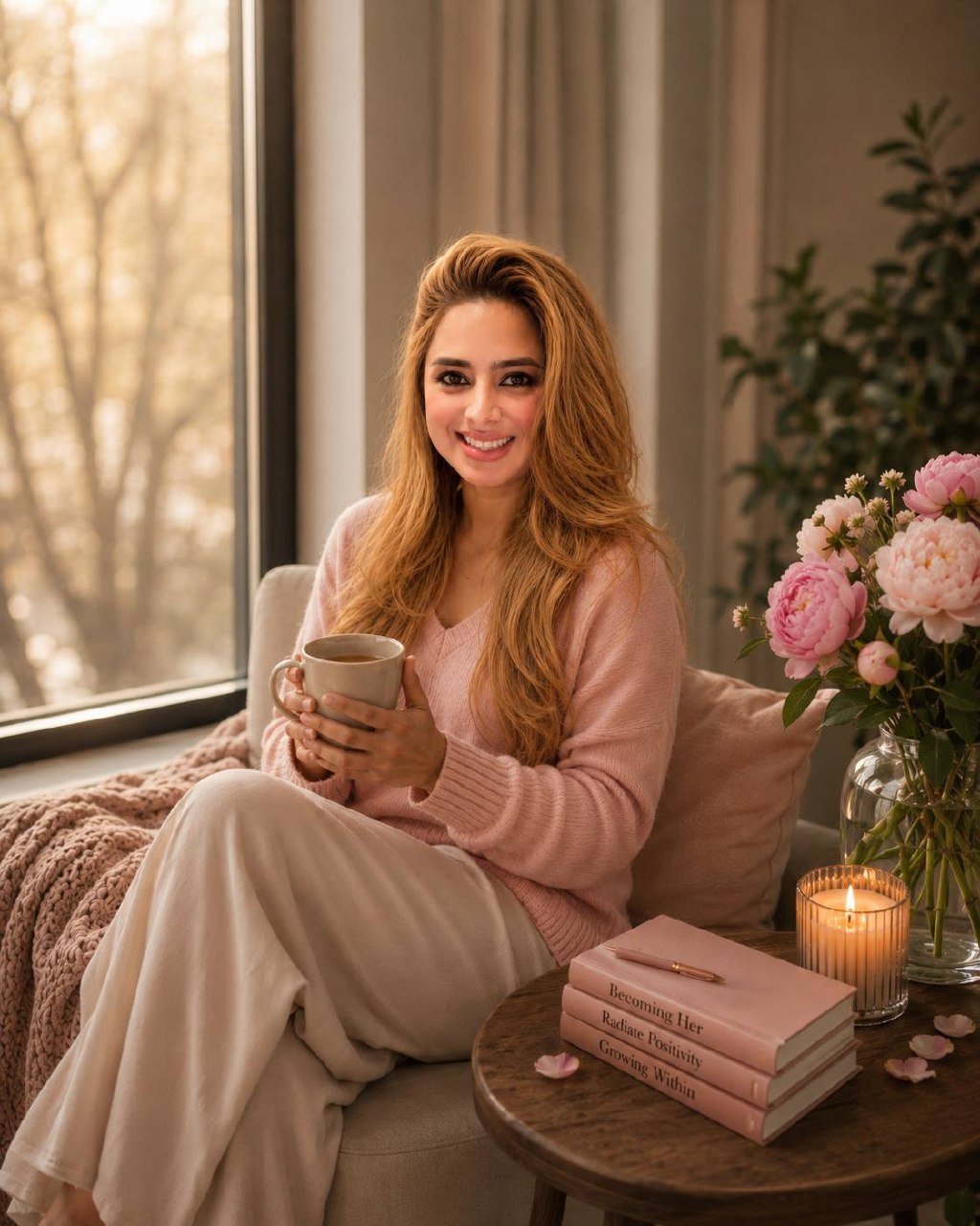 Delcie Frey smiling with a warm mug beside pink peonies, a candle, and books