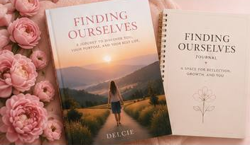 The Finding Ourselves book and journal resting among soft pink roses