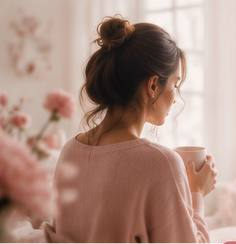 A woman in a soft pink sweater sitting quietly with a mug, surrounded by pink flowers