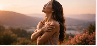 Woman at golden hour with her hand over her heart, breathing in the sunset
